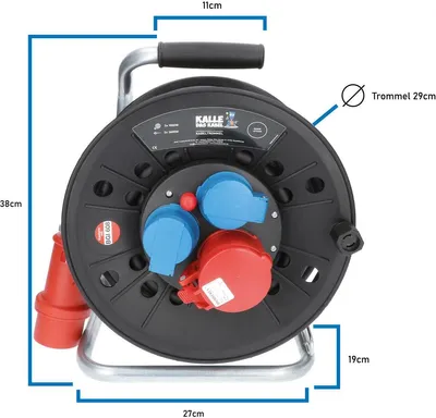 Immagine prodotto di KALLE DAS KABEL Avvolgicavo CEE 20 metri H07RN-F 5G 2,5 mm² 400V 16A classe di protezione IP44 con 2x prese Schuko 1x prese CEE 400V 16A