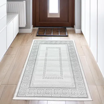 Produktbild von Teppich grau silber Bordüre Design pflegeleicht strapazierfähig Wohnzimmer Größe - 80 x 150 cm
