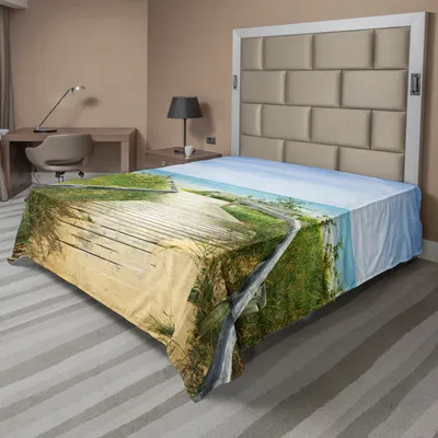 Produktbild von ABAKUHAUS Strand Bettlaken, Promenade über Dünen am Strand Pinery Provincial Park Ontario Kanada, weiches bequemes oberes Bettlaken für ein dekoratives Bett 1 Stück 260 cm x 228 cm, Aqua Sand Braun Grün