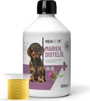 A bottle of dog supplement oil with a measuring cup in front of it.