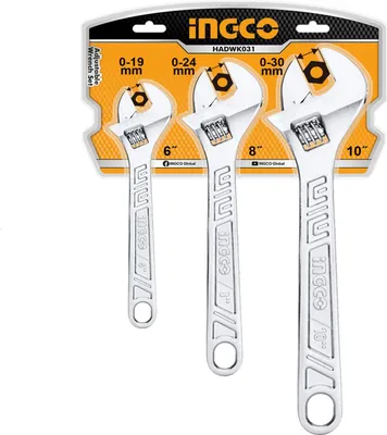 Immagine prodotto di Set di chiavi regolabili 3 pezzi, chiave a rullino, chiave inglese regolabile a bocca larga 0-30 mm, Ingco