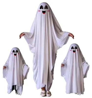 Image de Costume de fantôme pour Halloween - Costume de fantôme avec masque et mains - Unie - Polyester - Motif visage souriant - Taille M (94 cm)