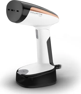 A white and black handheld garment steamer with copper accents, shown on a white background.