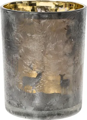 Produktbild von Teelichthalter Glas 8cm mit Eisblumen Motiv Gold Bereift