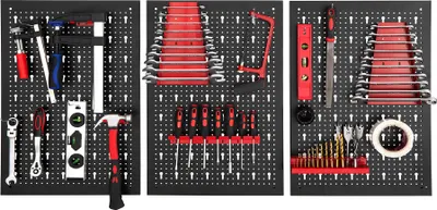 A three-panel pegboard tool organizer filled with various tools.
