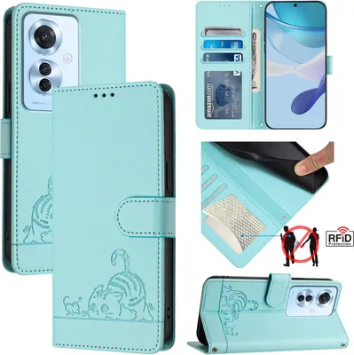 Produktbild von Leder Hülle für Oppo Reno11F Süße Katze Flip Case Brieftasche Schutzhülle mit Standfunktion hellgrün