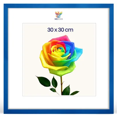 Produktbild von MG Design Bilderrahmen 30 x 30 cm - Posterrahmen mit Blau Holzrahmen (Echtholz) und bruchsicherem Acrylglas, Hoch & Quer mit stabiler Wandaufhängung
