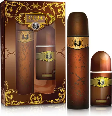 A gift set of Cuba Paris Gold Eau De Toilette spray and deodorant, presented in a brown and gold themed box.