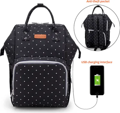 Produktbild von Mama Reiserucksack Große Windel Wickeltasche Baby Stillbeutel mit USB-Anschluss,(Schwarze Punkte)