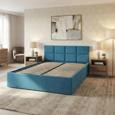 Produktbild von Polsterbett BORGO 180x200 mit Holzlattenrost, Doppelbett ohne Bettkasten, Bett mit gepolstertem Kopfteil Blau Samt