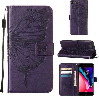 Immagine prodotto di custodia per iPhone SE 2020, Custodia in pelle Flip a farfalla con slot per schede e supporto per iPhone SE 2020 / 8 / 7 / 6s / 6 Viola