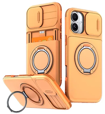 Obrázek produktu pro Pouzdro pro iPhone 15, Přihrádkou na karty, posuvným krytem fotoaparátu, kroužkovým stojánkem Oranžová
