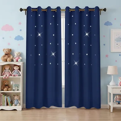Produktbild von Vorhang mit Ausgehöhlten Sterne, 1 Stück H160xB132cm Blickdicht Ösenvorhang Gardinen Ösenschal für Wohnzimmer Kinderzimmer Schlafzimmer, Dunkelblau