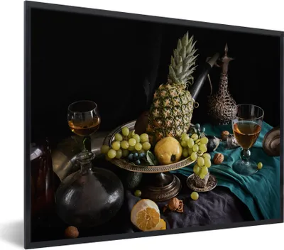 Produktbild von MuchoWow® Gerahmtes Poster Obst - Wein - Stillleben 40x30 cm - Poster mit Schwarzem Bilderrahmen Wandposter Rahmen Foto Bilder - Kunstposter - Wanddekorationen