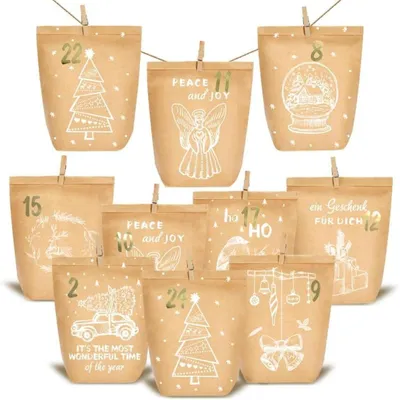 Produktbild von Adventskalender zum Befüllen, 24 Papiertüten, DIY Geschenktüten, Kraftpapier, Braun/Weiß, mit Zahlenaufklebern