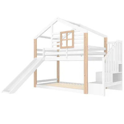 Produktbild von LVHOM Hochbett mit Rutsche und Treppe, Etagenbett 90x200cm für 2 Kinder, Kinderbett mit Rausfallschutz, Bettgestell Kiefer mit Stauraum, Weiß