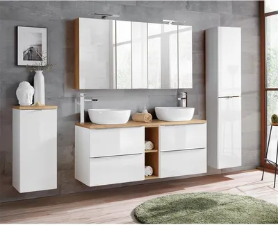 Produktbild von Badmöbel Set mit Doppel-Waschtisch inkl. 2 Keramik-Aufsatzbecken TOSKANA-56 Hochglanz weiß & Wotaneiche, BxHxT ca. 250/190/46cm