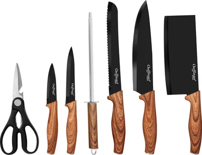 Produktbild von Cheffinger, 7-teiliges Messerset mit Griffen in Holzoptik und Halterung, Schwarz