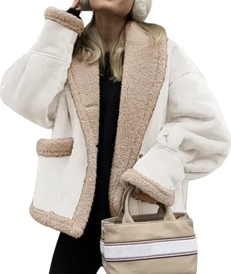 Obrázek produktu pro ASKSA Dámská nadměrná fleecová bunda Zimní bunda Sherpa podšívka Teplé tlačítko klopě krátká bunda Vintage Faux Suede kabát Puffer Jacket (bílá,L)