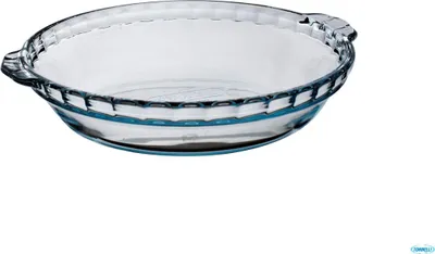 A clear glass pie dish with handles on a white background.