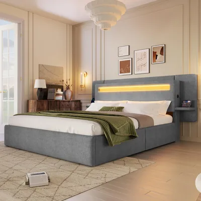 Image de Lit rembourré 140x200 cm avec rangement hydraulique, table de chevet intégrée, port USB et éclairage LED multicolore, lit double avec revêtement en lin