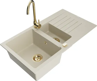 Produktbild von Mexen Matias 1,5-Becken-Granitspüle mit Abtropffläche und Mischbatterie Telma, Beige - 6502-69-670200-50