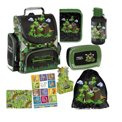 Produktbild von Schulranzen für Jungen und Mädchen, 8er-Set - Schul-Rucksack für Kinder mit Federmäppchen - Schuhbeutel Sammelmappe Trinkflasche und Brotdose- Game