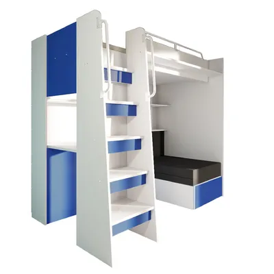 Produktbild von Marlux-Meble Hochbett JSM-7 90x200 TREPPE Links mit Schreibtisch Schränke und Ausklappbares Sofa 70x180 Matt Funktionsbett Etagenbett Stockbett Kinderhochbett Jugendhochbett (Blau Matt)