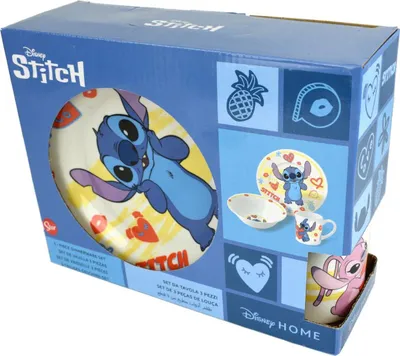 A product box for a Disney Stitch themed dinnerware set.