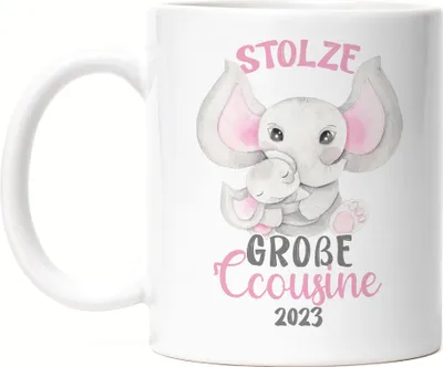Produktbild von Stolze Große Cousine 2023 Tasse Weiß Family Familienzusammenhalt Geborgenheit Beschützerin Cousinen Liebe Elefanten
