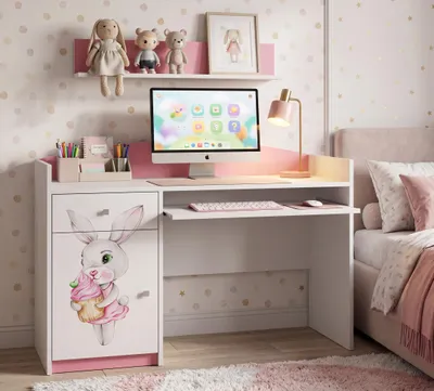 Image de Bureau pour fille rose | Bureau d'ordinateur avec rallonge | Espace d'étude moderne pour les devoirs et l'enseignement à domicile | Mobilier pour adolescents