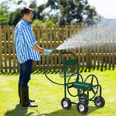 Immagine prodotto di Carrello portatubo da 80 m, carrello avvolgituvo in metallo, carrello per tubo da giardino con cestello, 4 ruote e tubo di raccordo da 189 cm, carrello avvolgituvo mobile, verde, 95 x 62 x 113 cm