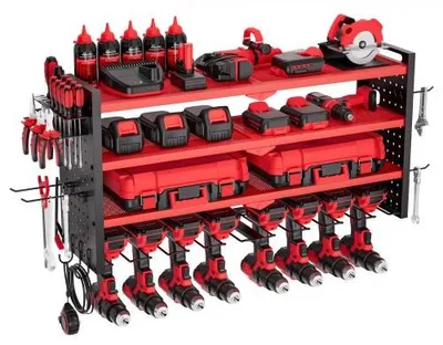Immagine prodotto di VEVOR Scaffale per Utensili Elettrici da Parete, Portautensili da Parete per Trapani a 4 Livelli con 8 Supporti per Trapano, Portaoggetti con Pannelli Forati Laterali, per Utensili da Garage Officina