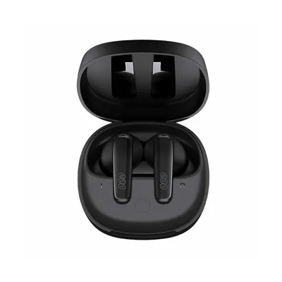 A pair of black wireless earbuds in an open charging case, presented against a white background.