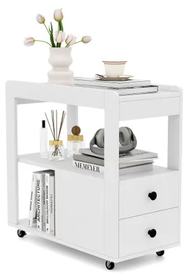 Produktbild von Beistelltisch mit Rollen, 2 Schubladen und offenen Regalen, Druckertisch, Nachttisch, Aktenschrank, 65x30x62 cm (Weiß)