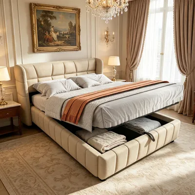 Productafbeelding van LVHOM Gestoffeerd bed 140x200 cm met hydraulische opbergruimte, bed met hoofdeinde, tweepersoonsbed van linnenstof voor een slaapkamer, beige