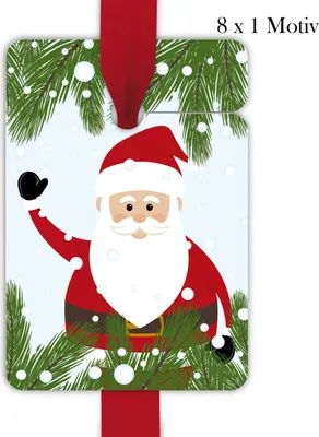 Produktbild von 8 fröhliche Weihnachts Geschenkanhänger zu Weihnachten mit winkendem Weihnachtsmann Santa Claus