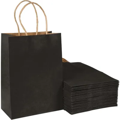 Zdjęcie produktu dla Torby papierowe kraftowe z uchwytem, 40 sztuk, wymiary 21 x 27 x 11 cm, kolor czarny, gramatura 130 g/m²