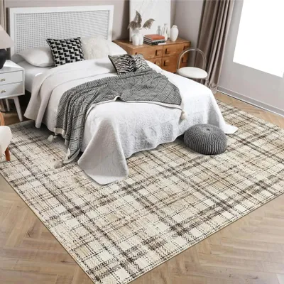 Immagine prodotto di Tappeto rettangolare con motivo geometrico - Tappeto per soggiorno - 100% poliestere - Fondo in gomma antiscivolo - Colore resistente - Beige - 120 x 170 cm