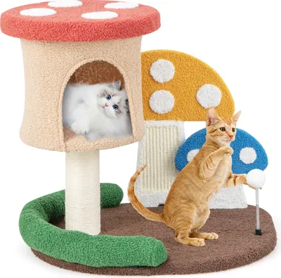 Image de COSTWAY Arbre à chat 4 en 1 en forme de champignon, tour pour chats avec grotte pour chats, plate-forme, tronc en sisal 60x49x59cm