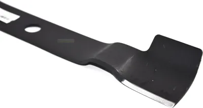 A close-up, angled view of a black lawnmower blade against a white background.
