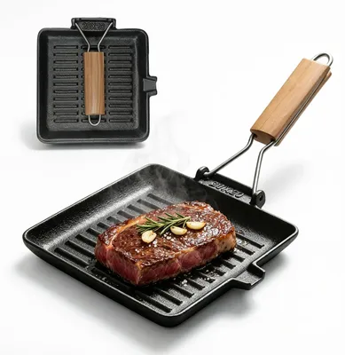 Gusseiserne Grillpfanne 20x20 cm mit Holzgriff, für Induktion