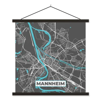 Produktbild von MuchoWow® Textilposter Stadtplan - Deutschland - Blau - Mannheim - Karte 60x60 cm mit schwarzem Rahmen - Posteraufhänger