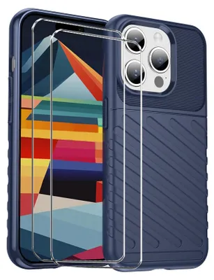 Obrázok produktu pre sada ochranných krytov 2v1 pre Apple iPhone 16 pozostáva z 2x ochranného skla 9H a 1x silikónového puzdra - modrý kryt