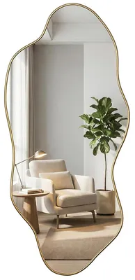 Image de Miroir mural asymétrique, 54,5 x 120 cm. Miroir décoratif aux formes organiques, cadre doré