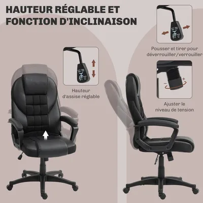 Obrázek produktu pro Ergonomická kancelářská židle – černá umělá kůže – nastavitelná výška – funkce naklápění a otočení o 360 stupňů