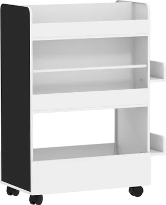 Produktbild von Kinder Bücherregal mit 4 Regalen, Bodenfach, 2 Seitenteile, Tafel, Rollen, für 3–8 Jahre, 66,5x32,5x86,5 cm Weiß