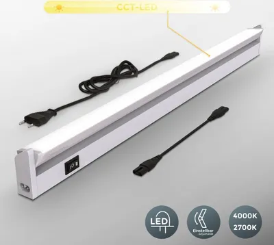 A close-up product shot of a white and gray LED light fixture with power cords and icons indicating features.