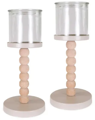 Produktbild von Teelichthalter 2er Set Holz-Metall mit Glas Natur-Beige Ø 10,5x24 cm