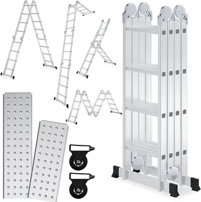 Produktbild von 4.7M Aluminium Mehrzweckleiter 4x4 Stufen, Multifunktionsleiter mit plattform, Leiter mit 2 Gerüstplatten, Trittleiter bis 150 kg, Klappleiter 16 Stufen, Silber